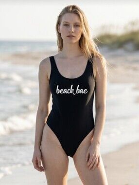 NWOT! NOBO! BLACK/WHITE "BEACH BAE" GRAPHIC, HIGH CUT TANK SWIMSUIT! SZ M- 7-9